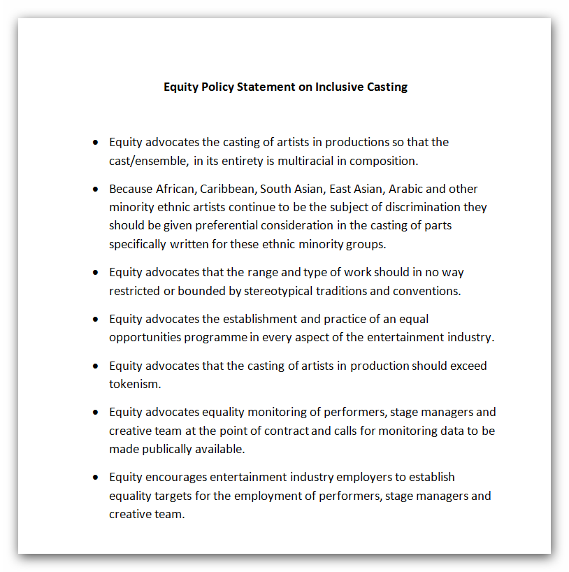 Proposed new wording for Equity's Policy on Inclusive Casting